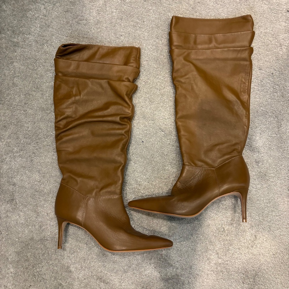 Schutz Brown Leather Slouchy Pointed Toe Stiletto Knee High Boots Size 7B